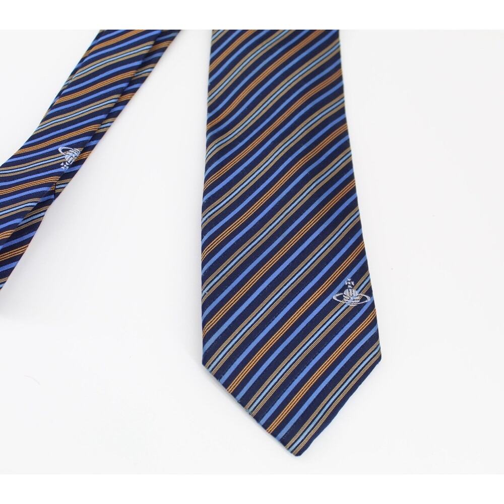 Vivienne Westwood Tie Mens Blue Striped Orb Logo 100% Silk Made In Italy Necktie